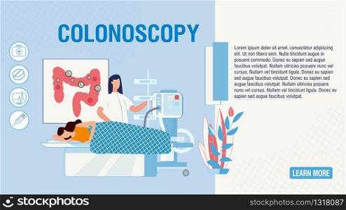 Flat Landing Page Offering Colonoscopy Procedure. Cartoon Patient and Doctor in clinic Laboratory. Rectum Diseases Screening, Prevention and Treatment at Hospital. Vector Intestine Health Illustration. Flat Landing Page Offering Colonoscopy Procedure