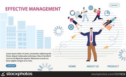 Flat Landing Page Offering Effective Management for Business. Skilled Team Leader, Executive Manager, Boss Chief Control Working Process Design. Strategy on Rapid Company Growth. Vector Illustration. Flat Landing Page Offering Effective Management