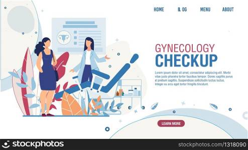 Flat Landing Page Offering Gynecology Checkup for Women. Female Visiting Gynecologist Doctor. Examination Room with Gynecological Chair Design. Medical Appointment. Vector Health Care Illustration. Landing Page Offering Gynecology Checkup for Women