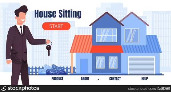 Flat Landing Page Offering House Sitting with Property Sharing Economy Benefit. Care for Real Estate with Free Overnight Stay. Cartoon Male Realtor Gives Keys from Cottage. Vector Illustration. Landing Page Offering House Sitting with Benefit