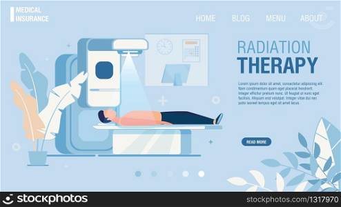 Flat Landing Page Offering Radiation Therapy Service. Cancer Treatment with Radiotherapy. Cancerous Tumor Medical X-Ray Beam Treatment. Oncology RT. Medical Insurance. Vector Cartoon Illustration. Landing Page Offering Radiation Therapy Service
