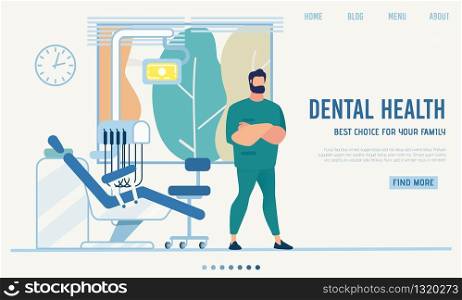 Flat Landing Page Presenting Modern Dental Cabinet. Cartoon Male Stomatologist, Dentist, Orthodontist Standing in Well Equipped Room. Tooth Health and Care. Online Medicine. Vector Illustration. Landing Page Presenting Modern Dental Cabinet