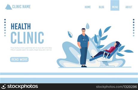 Flat Landing Page Presenting Modern Health Clinic. Cartoon Doctor and Woman Lying on Chair for Examination. Homepage for Hospital in Eco Floral Design. Healthcare and Medicine. Vector Illustration. Flat Landing Page Presenting Modern Health Clinic