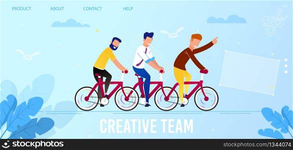 Flat Landing Page Promote Creative Team Service. Cartoon Happy Smiling Male Coworkers Ride Bicycles. Leader and Partners. Successful Business Coordination. Teamwork and Leadership. Vector Illustration. Flat Landing Page Promoting Creative Team Service