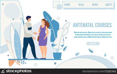Flat Landing Page Promoting Antenatal Courses. Male Teacher, Greeting, Trainer Welcoming Pregnant Woman Came to Training Class. Happy Motherhood. Vector Illustration in Natural Cartoon Design. Flat Landing Page Promoting Antenatal Courses