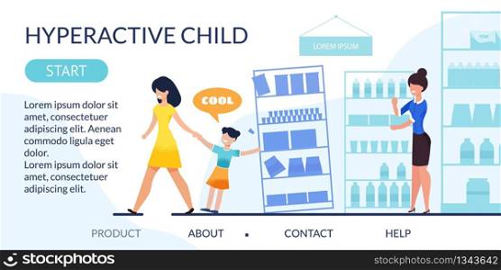 Flat Landing Page Reveal Hyperactive Child Problem. Naughty Mischievous Girl at Shop. Unhappy Upset Mother with Misbehave Daughter and Stressed Saleswoman at Shopping Mall. Vector Cartoon Illustration. Landing Page Reveal Hyperactive Child Problem