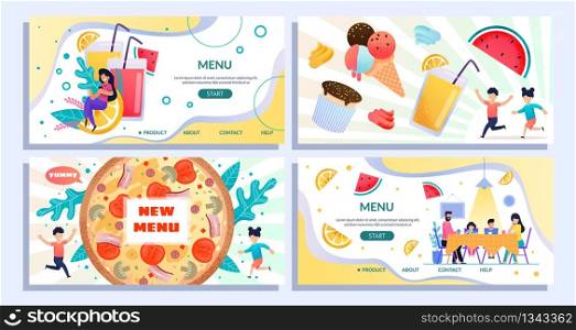 Flat Landing Page Set Advertising New Summer Menu. Italian Pizza, Special Offer for Family Members and Children, Sweet Desserts, Fruits and Fresh Juice. Vector Cartoon People and Food Illustration. Flat Landing Page Set Advertising New Summer Menu