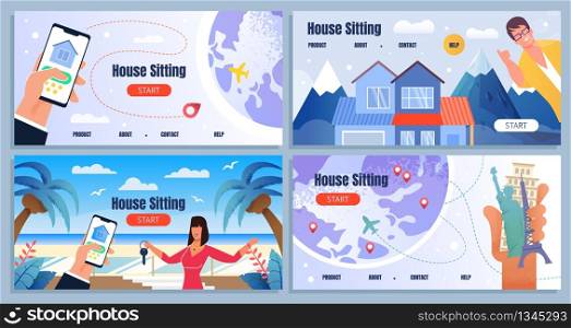 Flat Landing Page Set Advertising Worldwide House Sitting. Friendly Smiling Cartoon Male and Female Realtors Offering Best Place at Tropical Island, Mountain Resort, Europe. Vector Illustration. Landing Page Set Advertise Worldwide House Sitting
