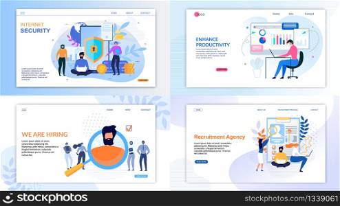 Flat Landing Page Set for Business and Security. Internet Protection Private Account, Data and Finance, Tools to Enhance Productivity and Online Recruitment Agency Service. Vector Illustration. Flat Landing Page Set for Business and Security