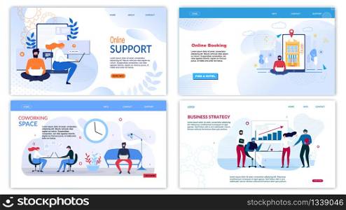 Flat Landing Page Set for Business Development. Coworking Space Organization, Develop Startup Strategy, Online Booking Service and Helpline Chat Support for Clients. Vector Illustration. Flat Landing Page Set for Business Development