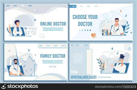 Flat Landing Page Set Offering Choose Doctor Online for Consultation. Different Free Available Medical Specialist. Professional Telemedicine and Healthcare. Vector Cartoon Design Illustration. Online Medical Consultation Flat Landing Page Set