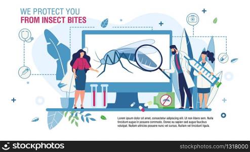 Flat Landing Page Trendy Flat Design. Service Offering Means for Insects Bites Protection. Patient on Doctors Consultation. Man and Woman Pharmacists Advising Solution. Vector Cartoon Illustration. Service Offers Means for Insects Bites Protection