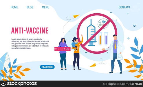 Flat Landing Page with Anti-Vaccination Design. Cartoon Women with Children Demonstrating Against Kids Immunization. Doctor Insisting on Need for Preventive Medicine. Vector Illustration. Flat Landing Page with Anti-Vaccination Design