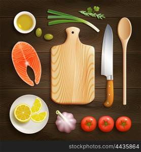 Flat Lay Cooking Dark Background Image . Cooking theme flat lay photo composition with cutting board raw salmon and lemon dark background vector illustration