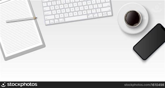 Flat lay minimal work space, Top view office desk with computer keyboard, clipboard and coffee cup on white color background with copy space, vector illustration