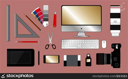 Flat lay of a designer or photographer desk. Vector illustration
