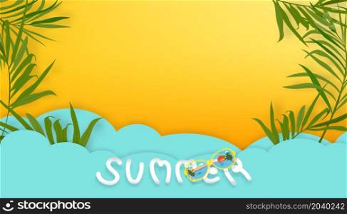 Flat lay of green coconut palm branches over yellow background with paper cut and craft tropical beach with copy space. Top view backdrop with wide composition concept for Summer vacation, Travel,fashion, Sale