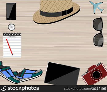 Flat lay traveler accessories on background with blank space for. Flat lay traveler accessories on background with blank space for text