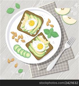 Flat lay vector illustration with healthy breakfast for keto diet. Sandwiches with avocado and boiled eggs on wooden table. Healthy lifestyle concept. 