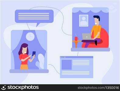 Flat Layer Cartoon of Man and Woman Using Laptop and Mobile Phone For Online Communication and Social Media in Work From Home Concept
