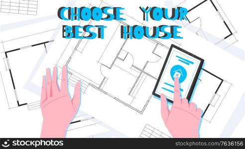 Flat layout apartment composition with choose your best house blue color headline vector illustration