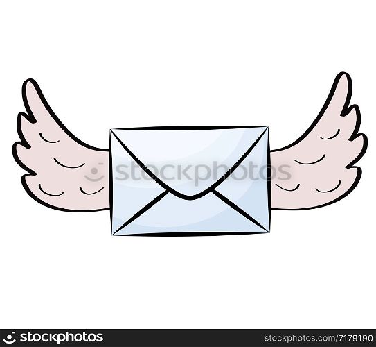 flat letter icon in cartoon style with wings on white, stock vector illustration