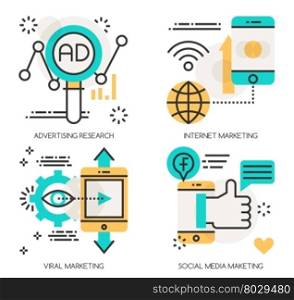 Flat line design vector illustration concepts of Advertising Research, Internet Marketing , viral marketing , Social Media Marketing