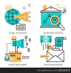 Flat line design vector illustration concepts of Global Advertising , Advertising statistics , Advertising Expense , Advertising Message , for landing page and website banner.