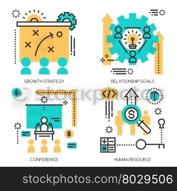 Flat line design vector illustration concepts of Growth Strategy, Relationship goals , Conference , Human Resource