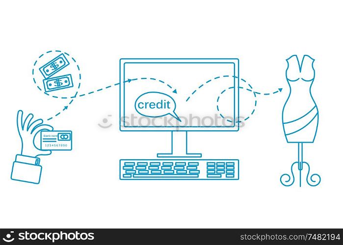 Flat line icon purchase with internet and bank card. Symbol of the Internet business. Vector illustration