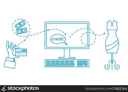 Flat line icon purchase with internet and bank card. Symbol of the Internet business. Vector illustration