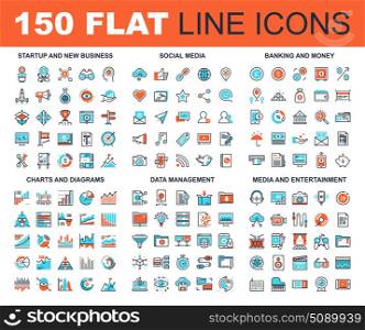 Flat Line Web Icons. Vector set of 150 flat line web icons on following themes - startup and new business, social media, banking and money, charts and diagrams, data management, media and entertainment