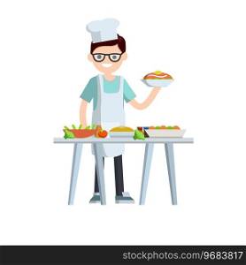 Flat Man cook holding plate of food. Table with delicious meal and dishes. Chef and waiter at work in restaurant and cafe. Element of kitchen. Cartoon illustration. Guy in white apron. Flat Man cook holding plate of food