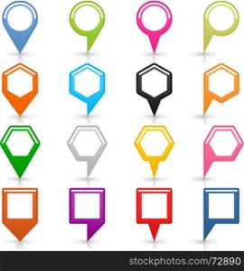 Flat map pin sign location icon on white. 16 blank map pins sign location icon with shadow reflection on white background. Set 03 Blue green pink orange gray black yellow brown violet colors shapes. Vector illustration web design save 8 eps