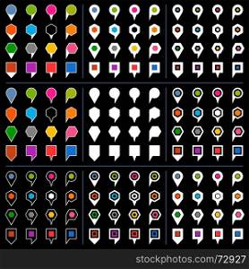 Flat map pins sign icon with gray shadow. 100 and 44 map pins sign location icon with gray shadow in flat style. Set 08 Simple white shapes with yellow, orange, red, green, blue, violet, purple colored accent on black background. Vector 8 eps