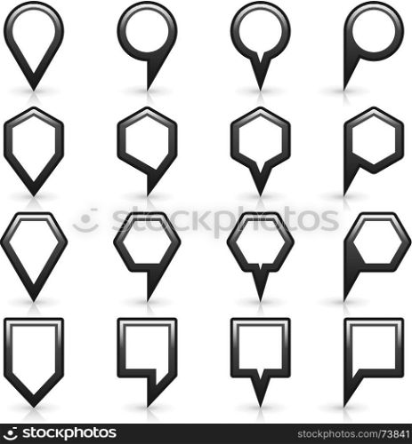 Flat map pins sign location icon with shadow. 16 map pins sign location icon with gray reflection and shadow in flat style. Set 06 simple black matted shapes on white background. Vector illustration web design element save in 8 eps