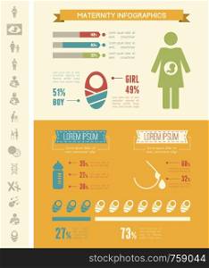 Flat Maternity Infographics Elements plus Icon Set. Vector.