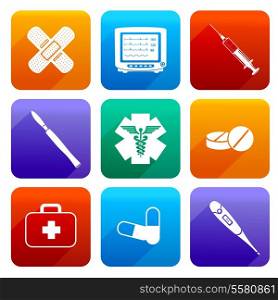 Flat medical emergency first aid care icons set with capsule sticking plaster scalpel isolated vector illustration