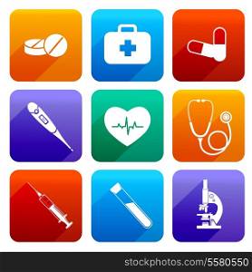 Flat medical emergency first aid care icons set with pill first kit heartbeat isolated vector illustration