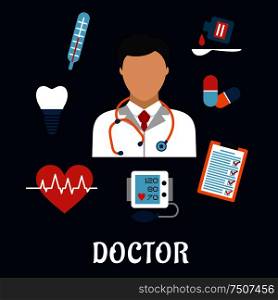Flat medical icons with a doctor surrounded by a thermometer, tooth, pills, medication, chart, heartbeat and ECG on a blue background. Flat medical icons with a doctor