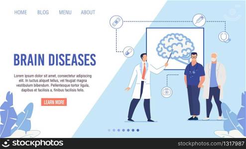 Flat Medical Landing Page Layout for Online Clinic, Internet Healthcare Service. Doctors in Uniform Giving Presentation about Brain Disease Risks and Dangers. Vector Cartoon Illustration. Brain Disease Risks Dangers Medical Landing Page