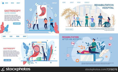 Flat Medical Landing Page Set Offer Gastroscopy Test and Rehabilitation. Musculoskeletal System and Muscle Tissue Recovery after Injury, Accident. Vector Cartoon Doctors and Patients Illustration. Landing Page Set Offer Gastroscopy, Rehabilitation