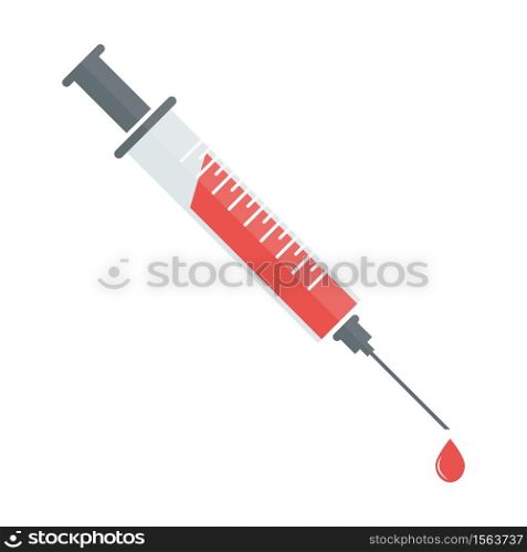 Flat Medical Syringe with red blood. Vector illustration. Donation. Blood sampling for analysis.
