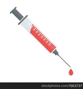 Flat Medical Syringe with red blood. Vector illustration. Donation. Blood sampling for analysis.