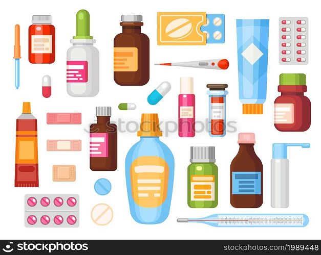 Flat medication in bottles, pills, capsules and tablets. Medical drugs containers, ointments, vitamins and antibiotics. Pharmacy vector set. Isolated objects for healthcare and treatment. Flat medication in bottles, pills, capsules and tablets. Medical drugs containers, ointments, vitamins and antibiotics. Pharmacy vector set