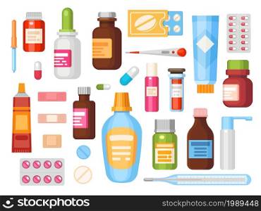 Flat medication in bottles, pills, capsules and tablets. Medical drugs containers, ointments, vitamins and antibiotics. Pharmacy vector set. Isolated objects for healthcare and treatment. Flat medication in bottles, pills, capsules and tablets. Medical drugs containers, ointments, vitamins and antibiotics. Pharmacy vector set