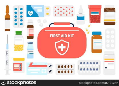 Flat medications set. Drug and pills in bottle, medicine table and medicaments. Pharmacy shop icons, painkiller, syringe and hospital tools recent vector kit of drug medication and pharmacy. Flat medications set. Drug and pills in bottle, medicine table and medicaments. Pharmacy shop icons, painkiller, syringe and hospital tools recent vector kit