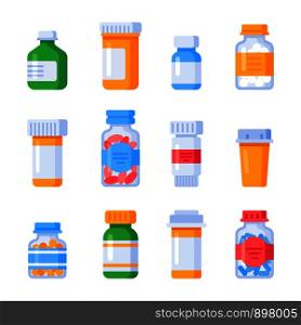 Flat medicine bottles. Vitamin chemical bottle with prescription label, drug pills therapy container or mixture vitamins and minerals pill capsule pharmacology colorful isolated vector icons set. Flat medicine bottles. Vitamin bottle with prescription label, drug pills container or vitamins and minerals pill isolated vector set