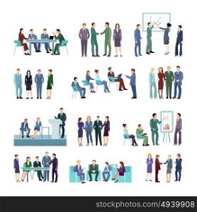Flat Meeting Conference Groups Set. Flat meeting conference groups set of business people discussing strategies of company development isolated vector illustration