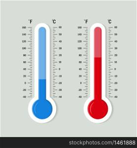 Flat meteorology thermometers scale. Hot, cold temperature icon. Accuracy meteorology fahrenheit and celsius scales. Measuring equipment for weather temperature. vector isolated illustration. Flat meteorology thermometers scale. Hot, cold temperature icon. Accuracy meteorology fahrenheit and celsius scales. Measuring equipment for weather temperature. vector isolated